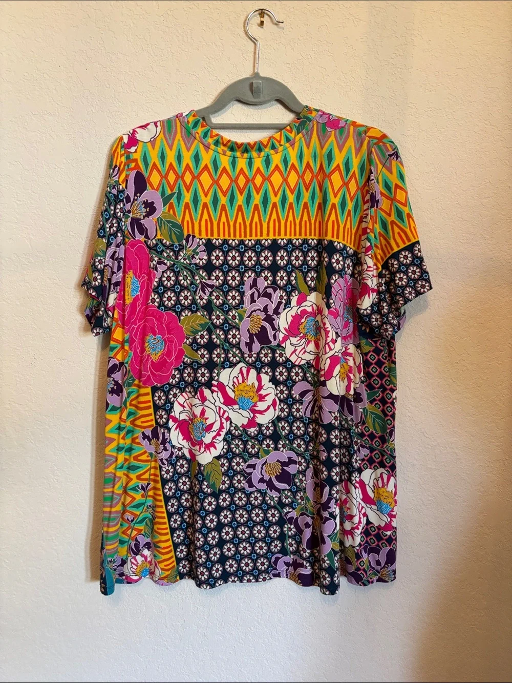 Johnny Was Mixed Floral Patchwork Short Sleeve Top — Teal, Pink, Purple - Picture 2 of 3
